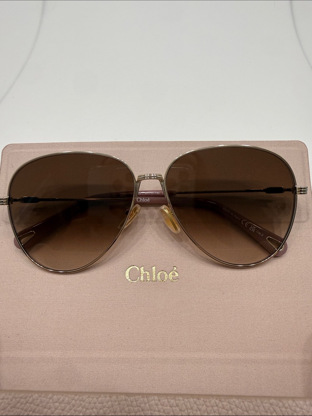 Chloe Gold Frame Sunglasses with Brown Gradient Lenses and Pink Case